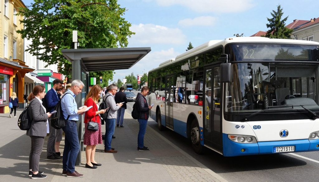 A bustling urban bus station in Vinnytsia, showcasing the local public transport system. In the foreground, highlight a modern, clean bus marked with the number “22,” preparing to depart, surrounded by well-dressed passengers waiting at the stop. The middle ground features a group of diverse commuters checking schedules and discussing routes, incorporating a mix of ages and backgrounds while wearing smart casual clothing. The background captures a busy street with vibrant local shops, trees lining the sidewalk, and a clear blue sky overhead, suggesting a sunny day. Soft, natural lighting enhances the scene, creating a welcoming atmosphere. The perspective is slightly low-angle, emphasizing the bus and allowing the scene's hustle and bustle to come to life, portraying a sense of safety and convenience in public transport.