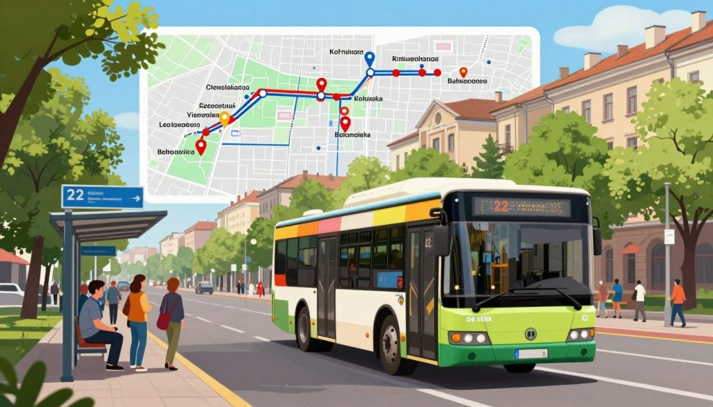 A detailed illustration showcasing the route and stops of the number 22 bus in Vinnytsia. The foreground features a colorful city bus displaying the number 22, parked at a bus stop with a clear sign indicating the route. In the middle, a map of the bus route is partially visible, highlighting key stops with pin markers, set against a backdrop of the cityscape, including recognizable Vinnytsia architecture. The background showcases a sunny day with a clear blue sky, vibrant green trees lining the streets, and people in modest casual clothing waiting at various bus stops. The mood is lively and bustling, capturing the essence of urban life in Vinnytsia. Use bright, inviting colors and ensure a well-lit scene to emphasize clarity and accessibility.