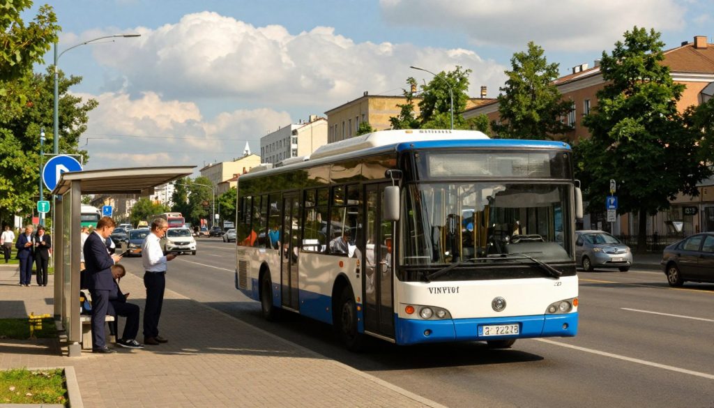 A detailed view of a Vinnytsia city bus, specifically the 22 bus, making a stop at a bustling urban intersection. In the foreground, the bus is prominently displayed, showcasing its recognizable markings and colors. The middle ground features commuters waiting at the bus stop, dressed in professional attire, looking at their mobile devices. The background illustrates a lively cityscape of Vinnytsia, with modern buildings, trees lining the street, and blue skies contrasted with fluffy white clouds. The scene is bathed in warm, natural sunlight creating a vibrant atmosphere. The composition captures the essence of public transport and real-time tracking, inviting viewers to connect with the public transport experience. The image is framed as if captured from a slightly elevated angle, offering a comprehensive view of the bus and its environment.