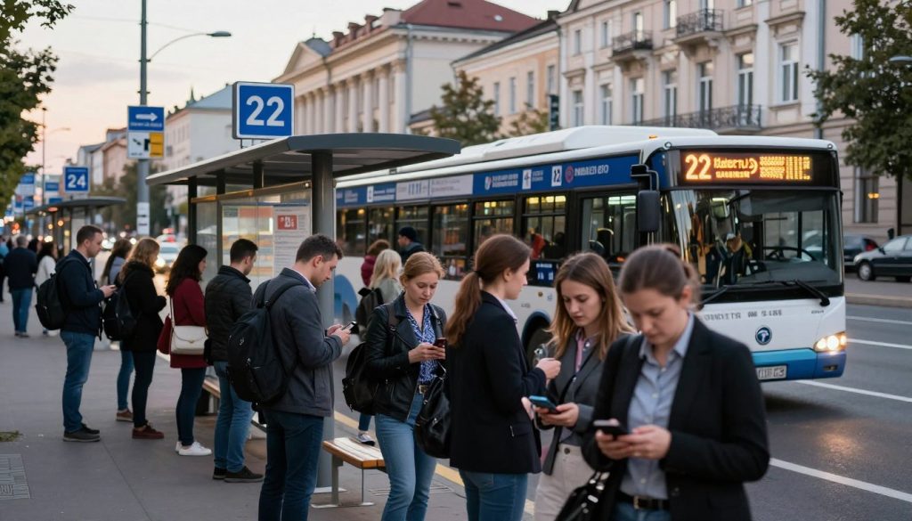 A vibrant city scene in Vinnytsia, featuring a busy bus stop with public transport details, illuminated by soft, early evening light. In the foreground, a diverse group of commuters wait at the bus stop, dressed in business attire and casual clothing, engaging with their smartphones. The middle ground showcases the number 22 bus, depicting temporary route changes, with directional signs indicating altered stops. In the background, Vinnytsia's recognizable architecture can be seen, adding context to the location. The atmosphere is informative yet dynamic, reflecting the changes in public transport and the movement of city life. The image is composed with a slightly elevated angle to capture both the bus and the commuters effectively, ensuring clarity and focus on the scene.